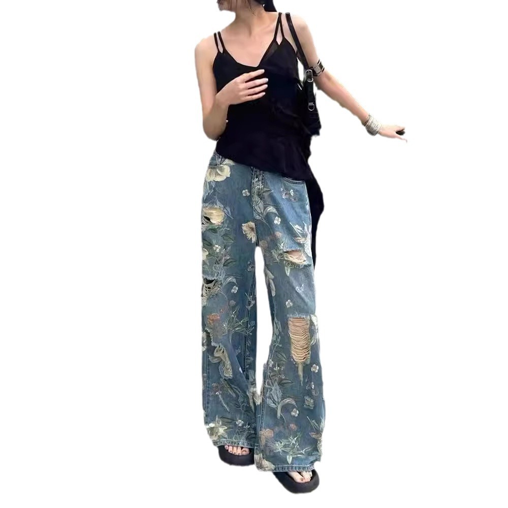 American Vintage Floral Graffiti Print Distressed Jeans for Women Summer Design High Waist Loose Straight Leg Wide Leg Floor-Length Pants