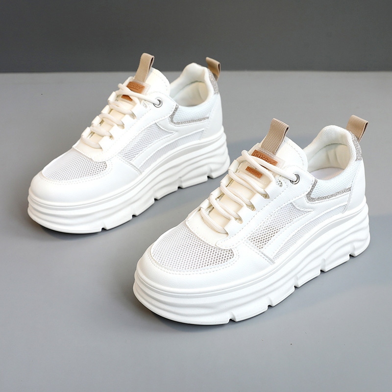 Ddmysports W New White Shoes Spring Summer Hollow Out Inner Height Increasing Thick Sole Versatile And Breathable Mesh For Students OUTDOOR