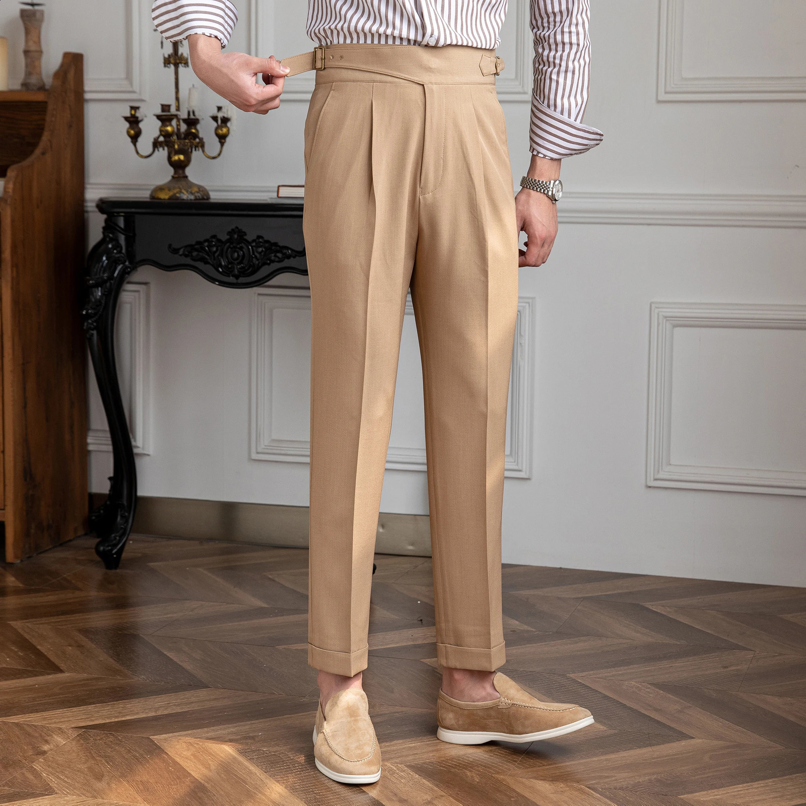 Mr. Lus Three Summers Thin Naples High Waist Straight Pants British Casual Dape Gurkha Mens Casual Pants 240828
