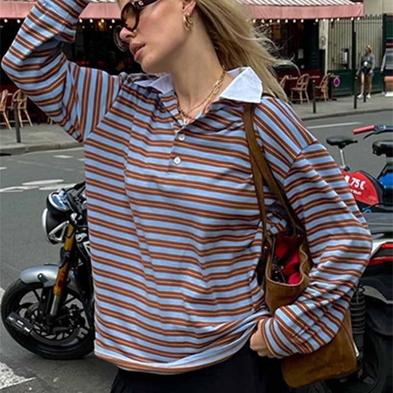 Retro striped womens Pullover T-shirt with lapel and long sleeved top womens casual loose button down shirt fashionable Pullover 240827