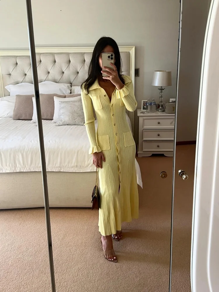 Elegant Yellow Single Chest Split Knit Long For Chic Sparkg Sleeves Pleated Hem Office Womens Party Dress 240827