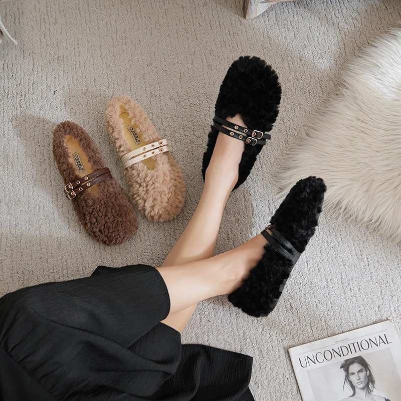 Wool fur winter shoes womens shoes slippers double river belts fur macasin 240827
