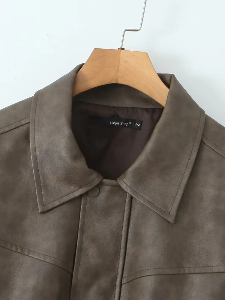 American retro style elastic waist lapel long sleeved fashionable warm jacket leather jacket 240827