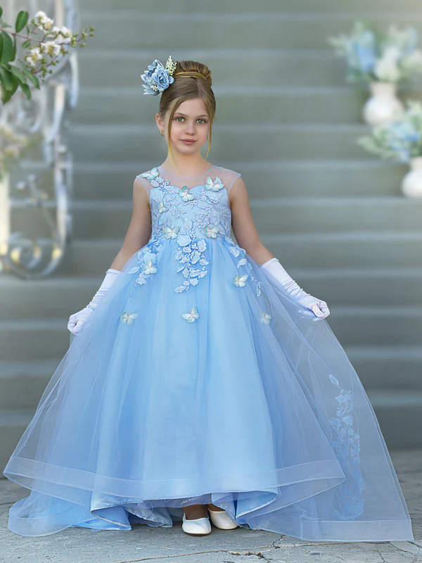 Sky Blue Sleeveless Weddings Flower Girl Dresses Sheer Neck Ball Gown Kids Birthday Party Gowns Beaded Bow Tie Off The Shoulder Formal Kid Dress