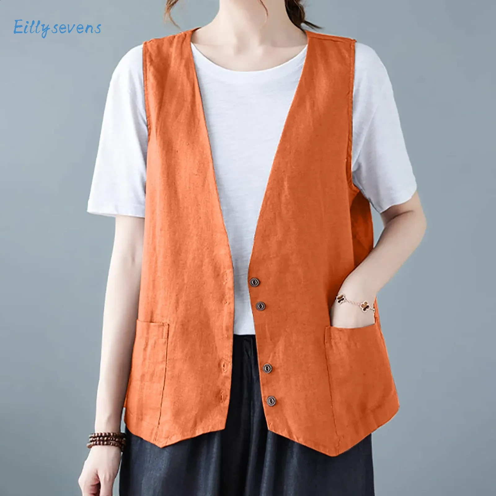 Womens cotton linen vest spring and summer casual button down V-neck waist jacket daily commuting matching fashionable and simple vest 240828