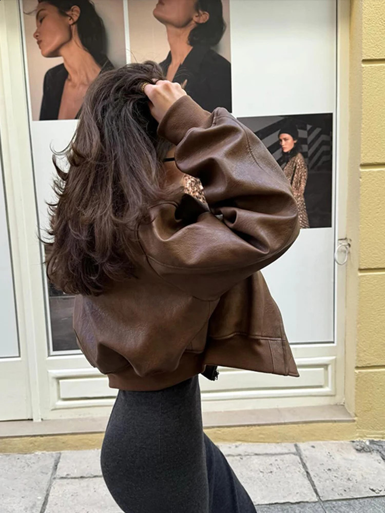 Short leather womens jacket retro O-neck loose long sleeved fashion autumn 240827
