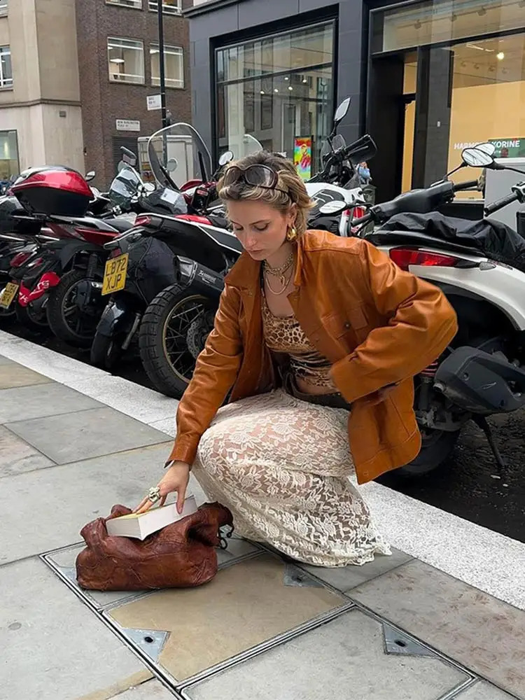 Womens Fashion Solid Chest Leather Jacket Fashion Collar Long Sleeve Coat Autumn Ins Fashion Womens Street Coat 240827