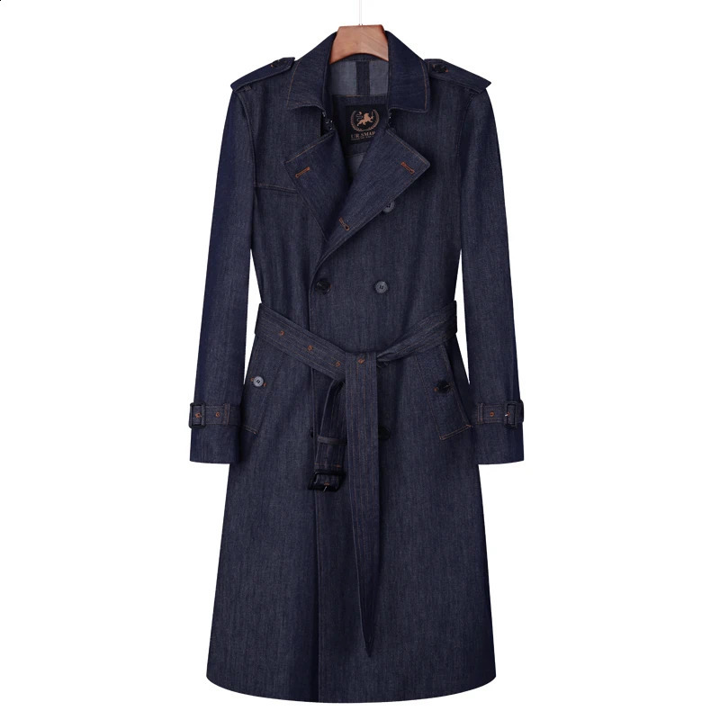 Denim long trench coat over the knee double breasted British Autumn and winter thickened warm retro classic mens windbrea 240828CJ - view 5