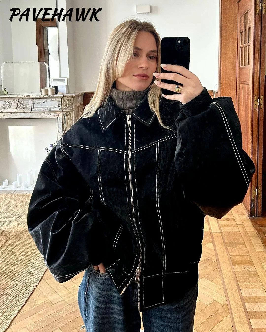 Womens contrasting patchwork jacket retro fashion solid long sleeved autumn lapel zipper Pu leather jacket motorcycle jacket 240827