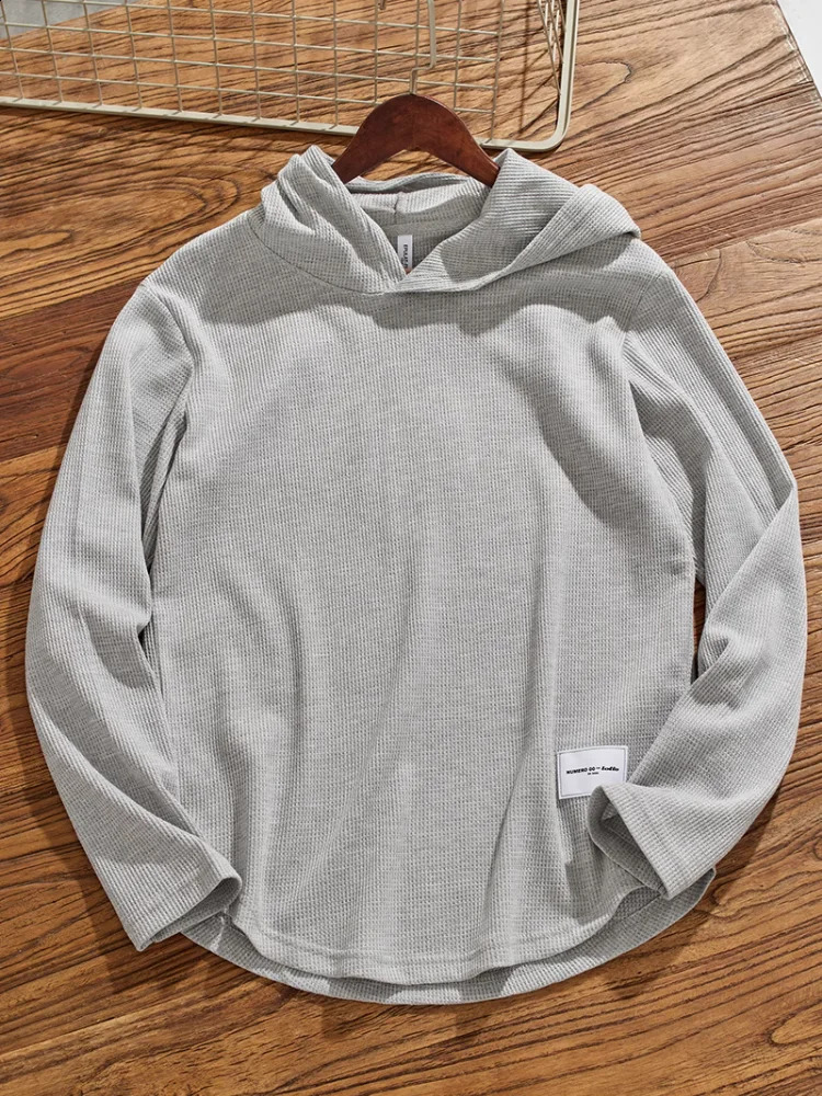 Autumn American Retro 260g Heavy duty Long sleeved Hoodie Waffle Knitted Tshirt Mens Simple Casual Bottom Couple Top 240828