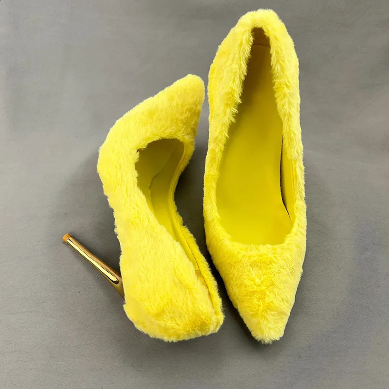 Yellow faux fur wedding shoes high heels pump womens pointed toes shallow party dress slim high heels plush high heels 12cm 240827