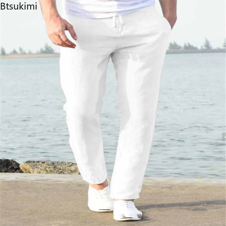 Mens linen casual pants are fashionable simple loose pencil pants with drawstring and elastic waist comfortable and breathable daily work clothes 2408