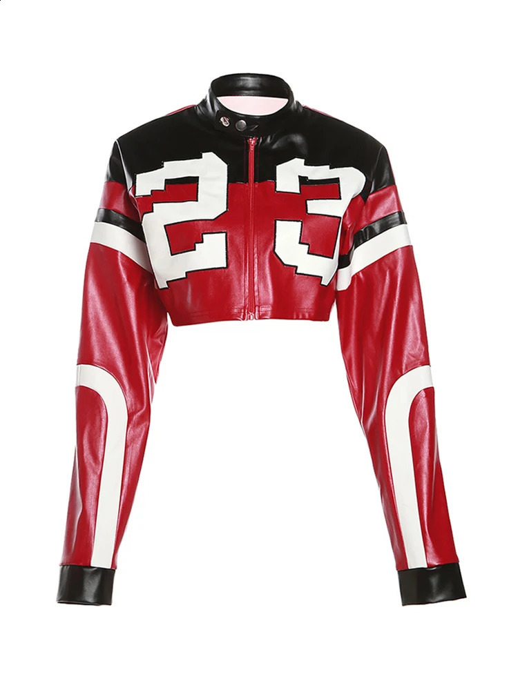 Fashion letter zipper Pu leather bomber jacket womens casual long sleeved cut jacket autumn womens motorcycle Y2k jacket 240827