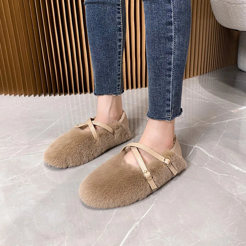 Cross Belt Mink Ballet Dancer Womens Wool Flat Shoes Womens Warm Plush Fur Mocassines Sliding on Cotton Cushion Women 240827