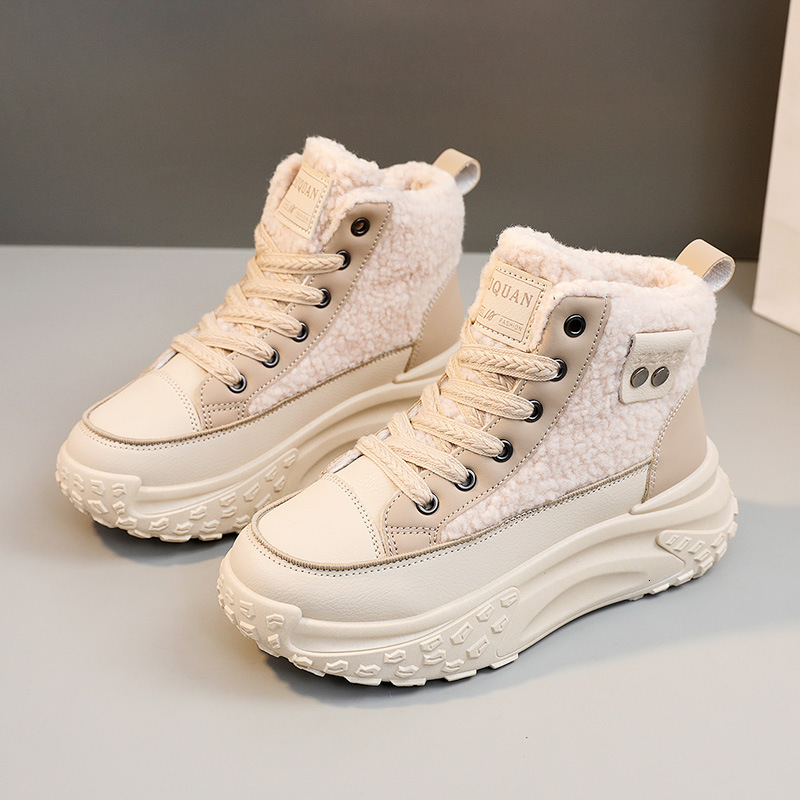 Ddmysports K New Winter Igh Top Women S With Velvet Cotton Shoes Warmth Preservation Lamb Fleece Thick Sole Eightened Korean Edition Instagram For Stu