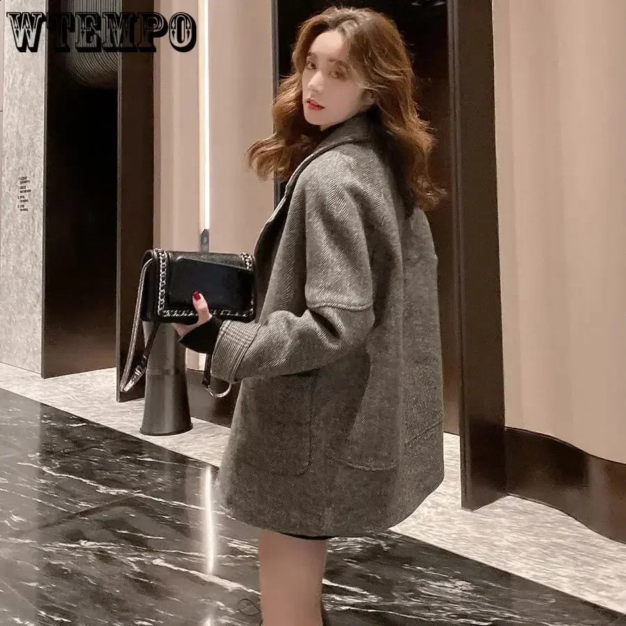 WTEMPO Womens Wool Jacket British Style Loose Notched Collar Coat Autumn Casual Double Button Coarse Floral Navy Blue Top 240828