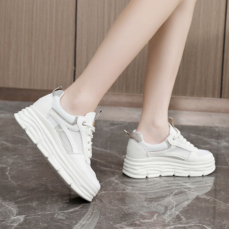 Ddmysports W New White Shoes Spring Summer Hollow Out Inner Height Increasing Thick Sole Versatile And Breathable Mesh For Students OUTDOOR