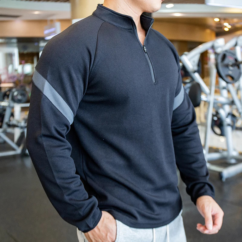 Gym mens Tshirt long sleeved ultrathin dry fit sports fitness winter comfortable breathable training half zip collar sportswear 240827