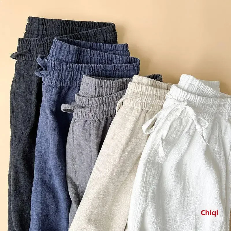 Mens high-quality linen pants for spring and autumn Chinese cotton linen casual pants white loose fit straight leg pants 240828