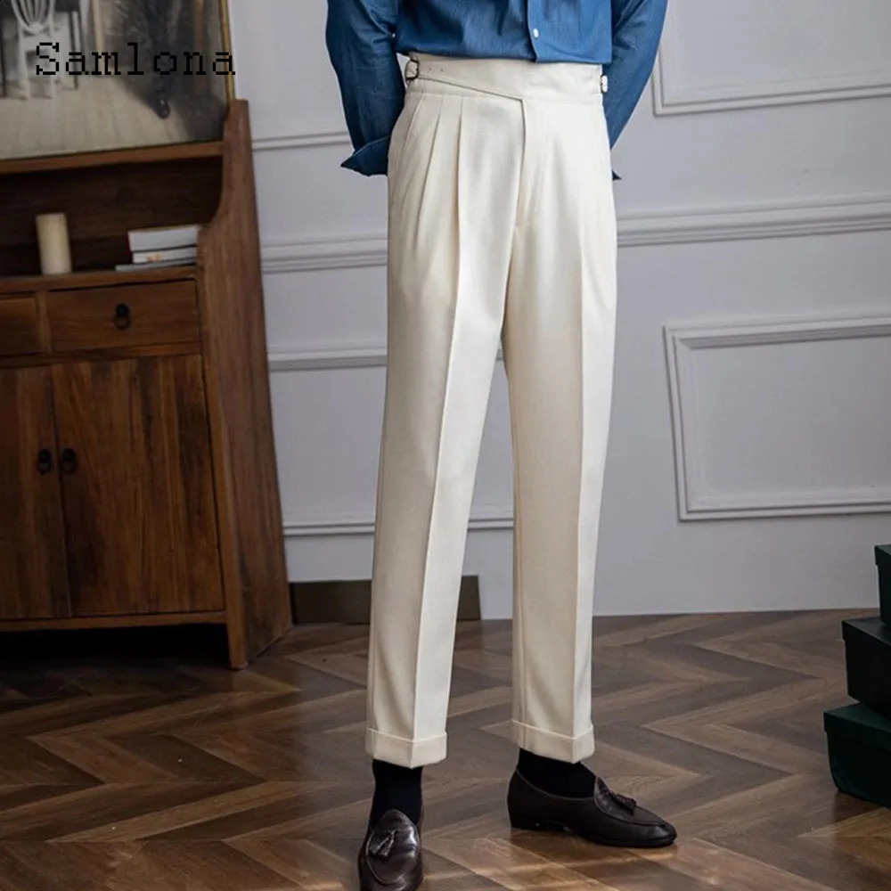 Mens Elegant Formal Naples Wedding Set Pants Pure White Ankle Length Trouser Mens Vinatge Button Set Pants 240828