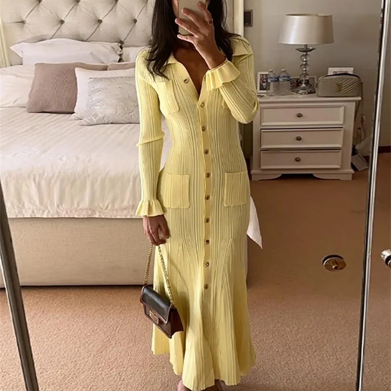 Knitted elegant yellow single breasted button up dress for women featuring a unique lapel and full sleeves with ruffled hem long skirt for womens offi