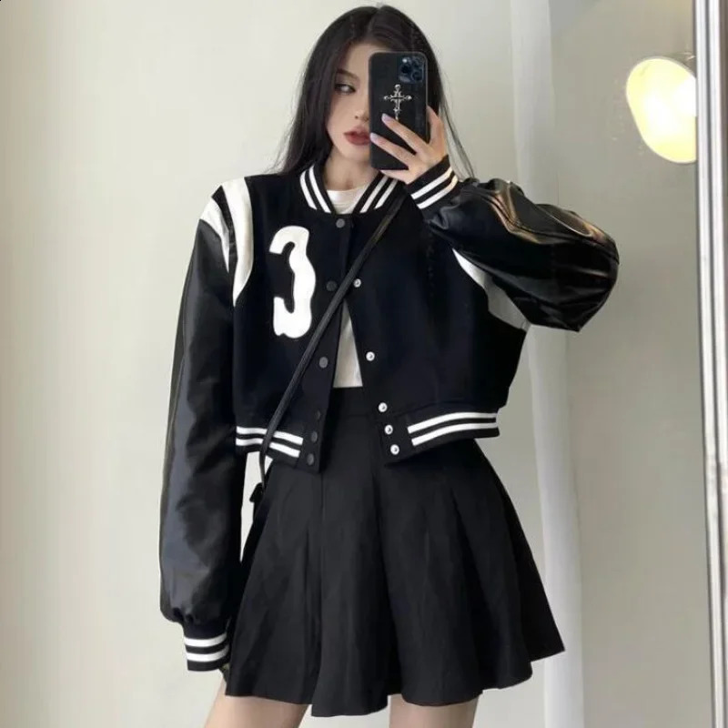 Womens black and white leather jacket with loose letter embroidery short and long punk style jacket American jacket bomber street 240827