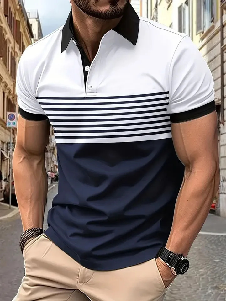Striped mens casual color short sleeved polo shirt summer golf European measurement 240828