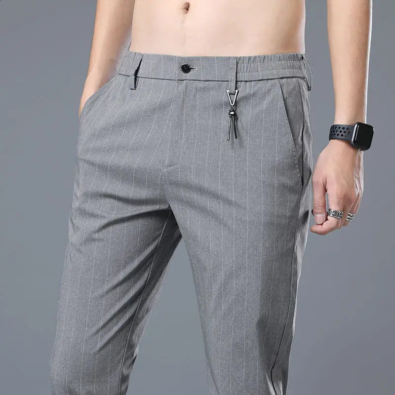Korean printed striped straight suit mens button zipper pocket summer casual Trouser 240828