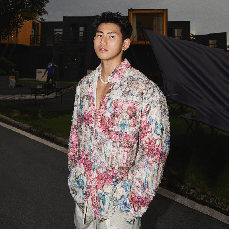 FEWQ Summer Casual Men Shirt Niche Printed Contrast Color Long Sleeve 2204 Korea Fashion Male Tops Loose 24E1923