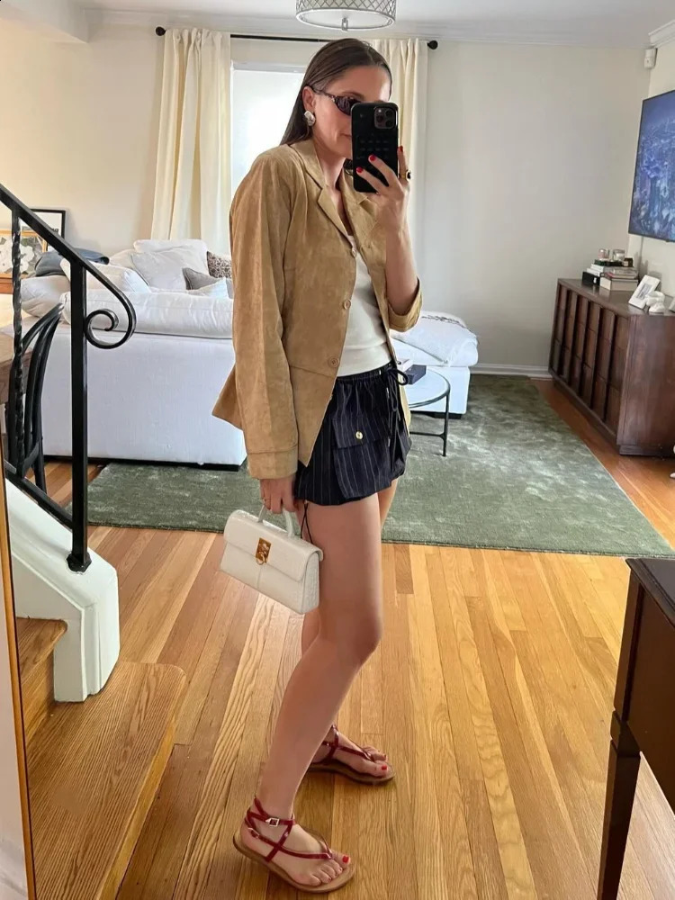 Flip collar single chest crop jacket for women fashionable suede leather long sleeved ultra-thin jacket autumn womens business street jacket 240827