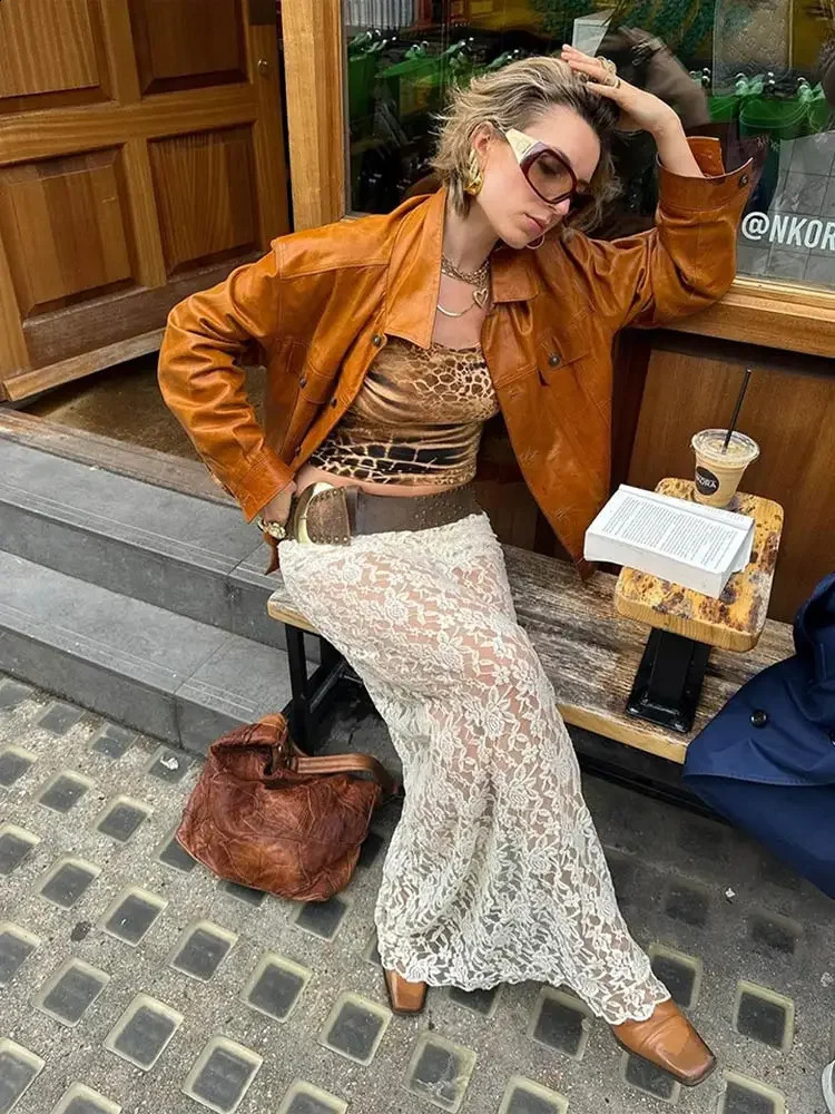 Womens Fashion Solid Chest Leather Jacket Fashion Collar Long Sleeve Coat Autumn Ins Fashion Womens Street Coat 240827