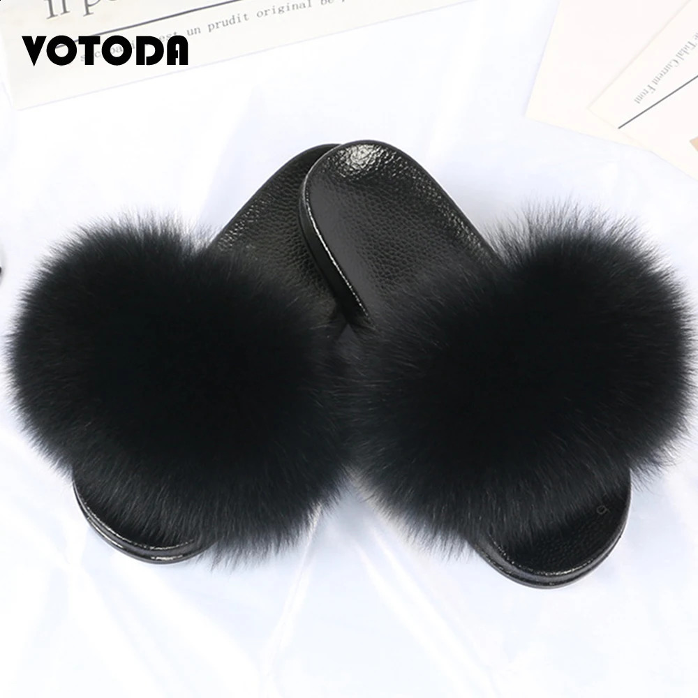 Fur slider womens real fox fur slider indoor flat flip casual Raccon fur sandals plush shoes cute fluffy shoes 240827