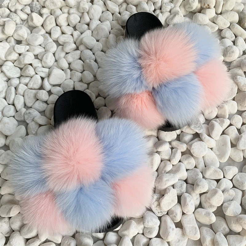 Fur slider factory supplies mixed color Pom six ball fox fur multi-color fluffy fur slider 240827 ww