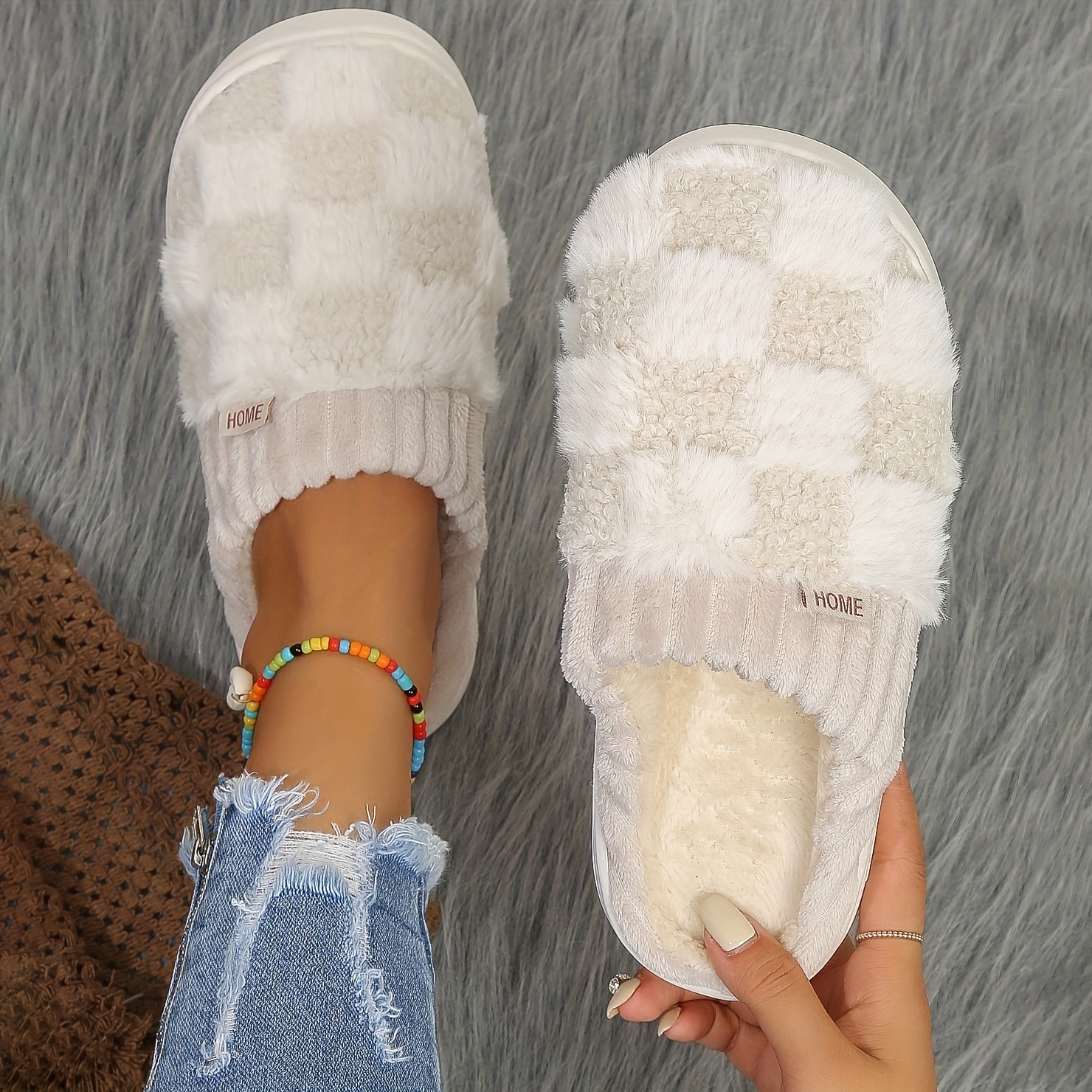 Cozy Plaid Plush Slippers - Soft fabric upper, comfortable closed toe, warm plush lining, PVC sole, casual slipper style, winter warmth - Great for in