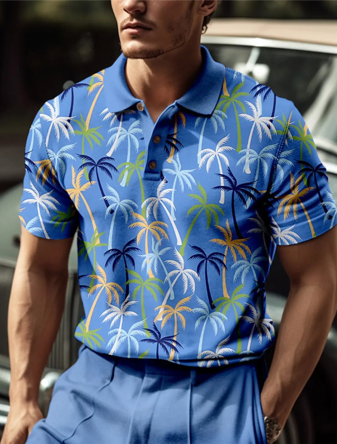 Mens polo shirt summer casual coconut tree pattern button breathable quick drying moisturizing short sleeved mens top 240828