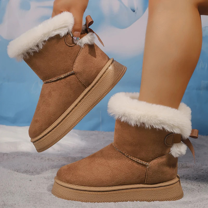 Winter Faux Suede Women Fluffy Snow Warm Plush Platform Ankle Booties Woman Bow Slip On Cotton Boots 36-42 240826