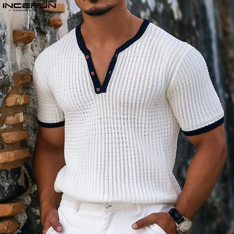 INCERUN Men T Shirt Patchwork V Neck Short Sleeve Summer Fitness Fashion Men Clothing Streetwear 2024 Casual Camsietas S-3XL 240828