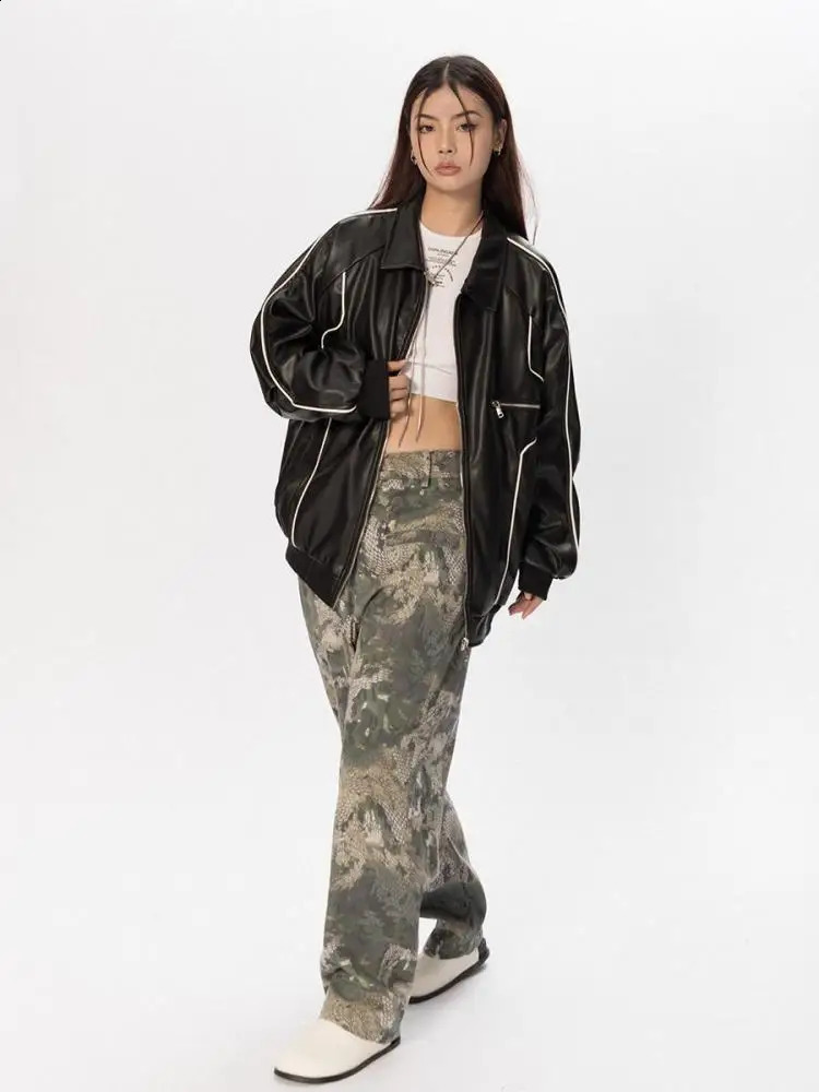 Tawaaiw Zipper Spring Autumn Pu Leather Jacket Womens Loose Jacket Womens Neutral Street Motorcycle Jacket Oversized Y2k 240827