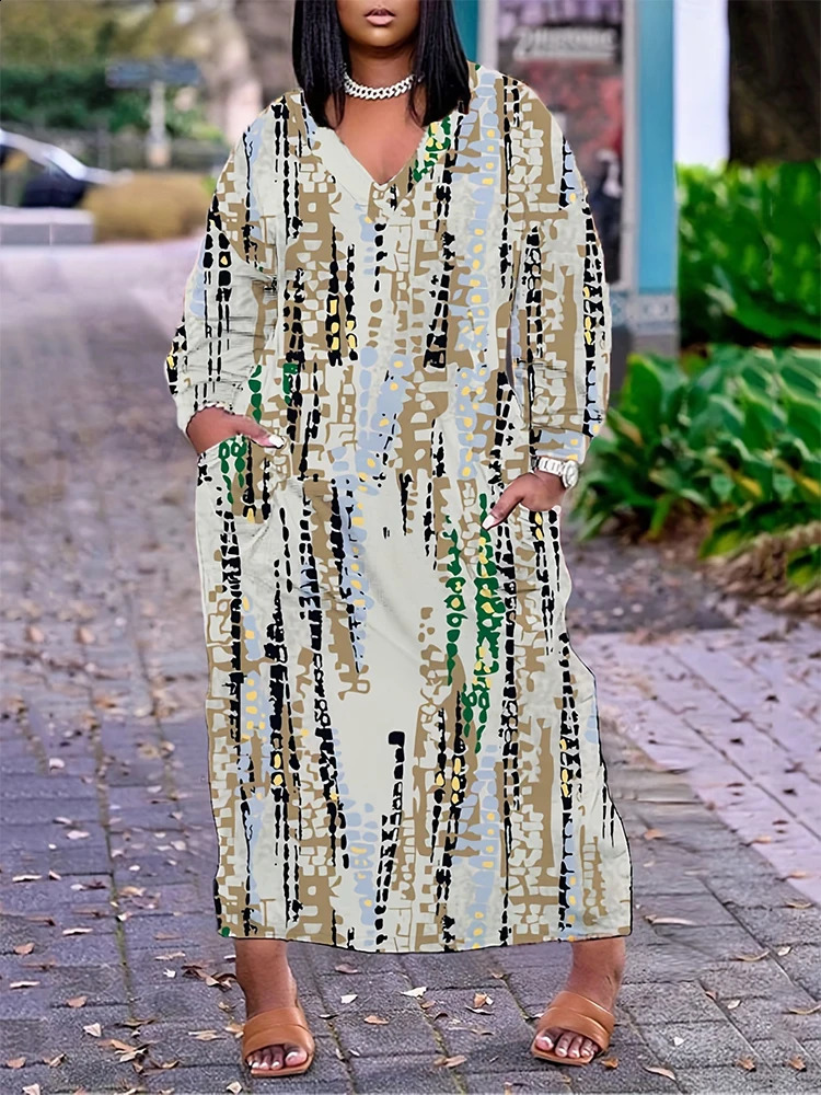 Plus size springsummer womens Vneck long sleeved loose casual irregular pattern printed dress 240828