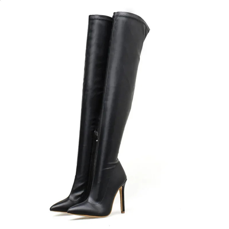 Black sexy thick knee high womens leather boots Pointed Toe 11.5cm high heels slim high heels club shoes 240827