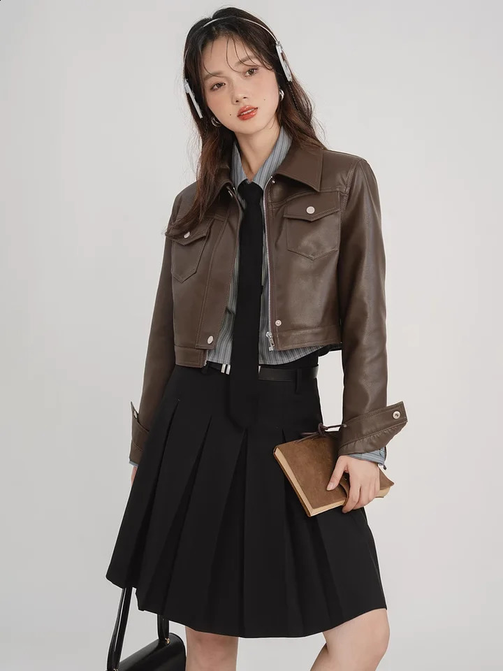 American retro sweet and style coffee colored womens leather jacket autumn n feeling short motorcycle jacket top 240827