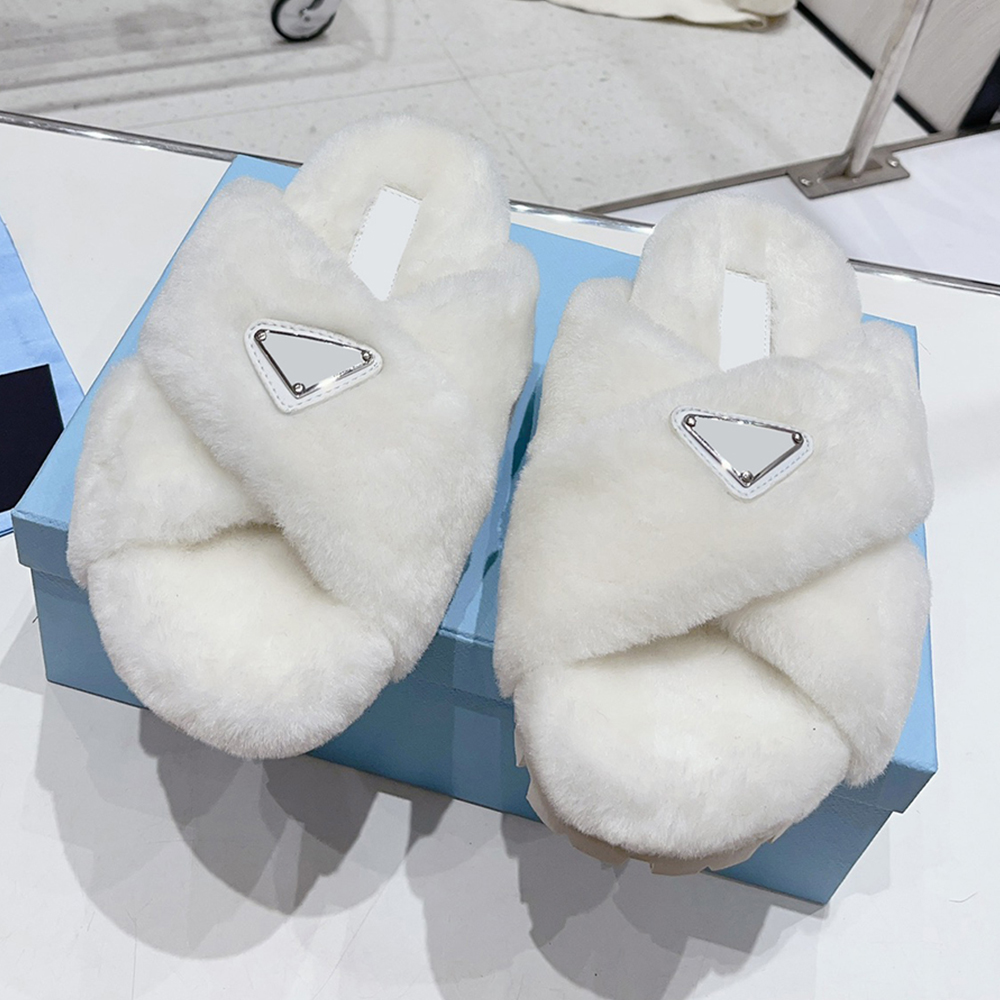 Womens Fur Slides Plush Fluffy Slippers Fuzzy Warm Flat Shoes Ladies Designer Sandals Fashion Mules X-shaped Slipper Fall Winter Men Women Home Wool Sliders