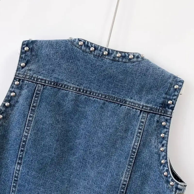 Womens casual rivet denim vest button outdoor pocket jacket 240828