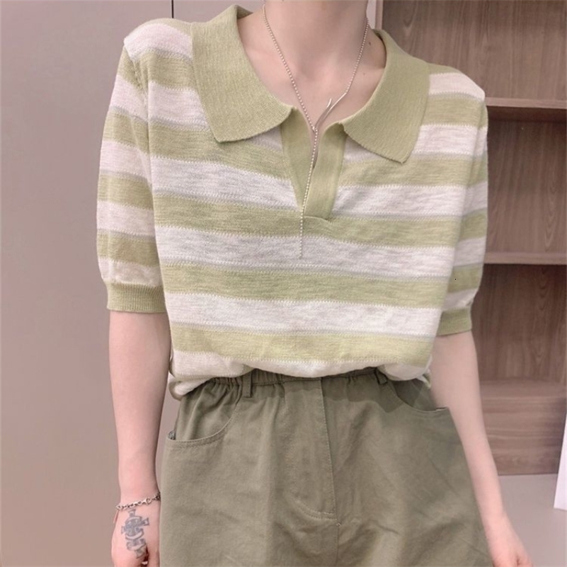 Korean Style Commuting Leisure Slimming Leisure Knitted Short Sleeve Polo Neck Contrast Striped Womens T-shirt Top 240827