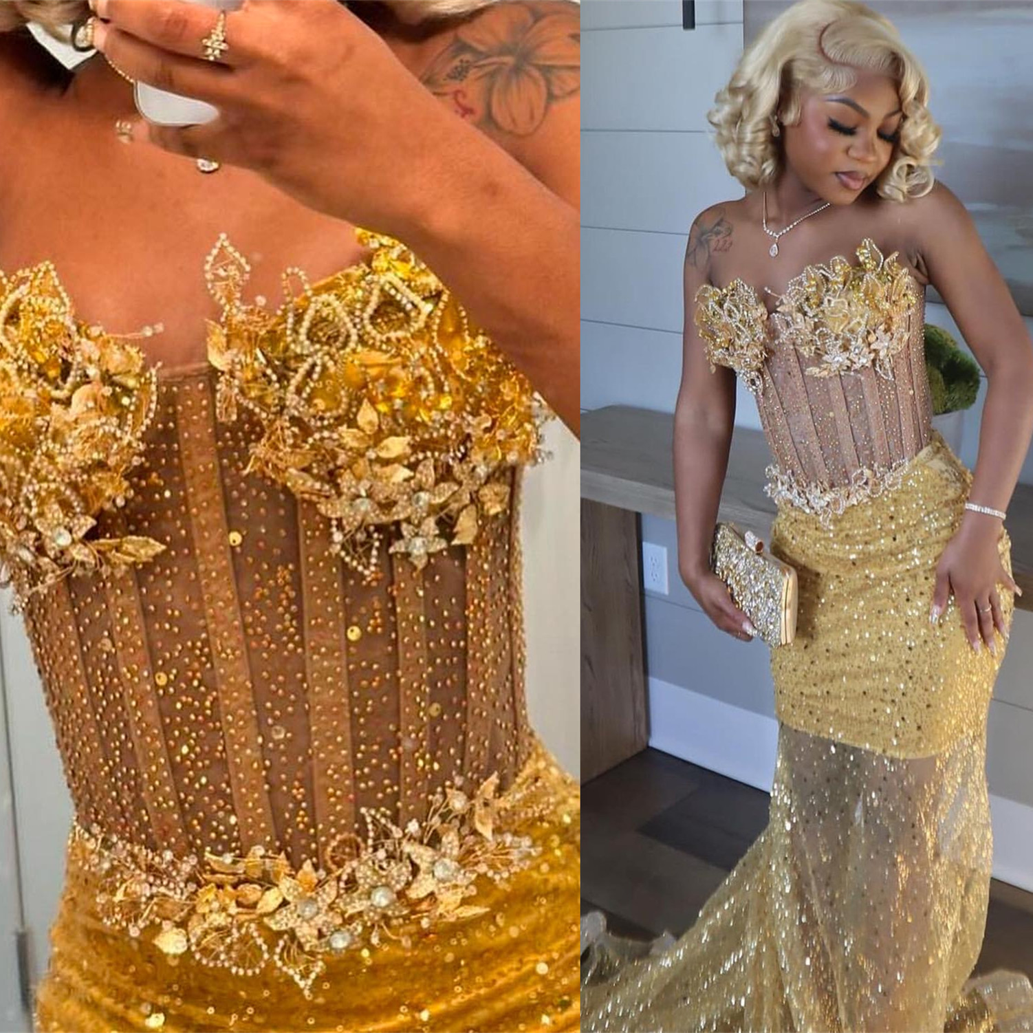 African Aso Ebi 2025 Gold Mermaid Prom Dress Sequined Dresses For Special Ocns rals Rhies Evening Formal Party Birthday Second Engagement Gowns