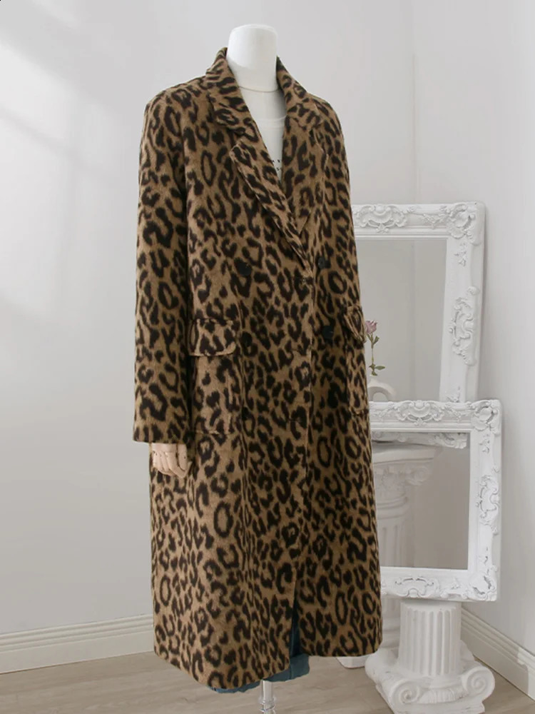 Lanmrem Leopard Print medium length wool coat suitable for women warm in winter durable niche n loose clothing streetwear 32A391 240828