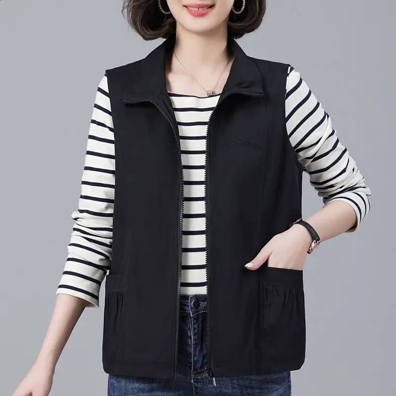 Street casual loose pocket patchwork work vest Spring and Autumn polo neck solid zipper retro top fashionable office womens clothing 240828