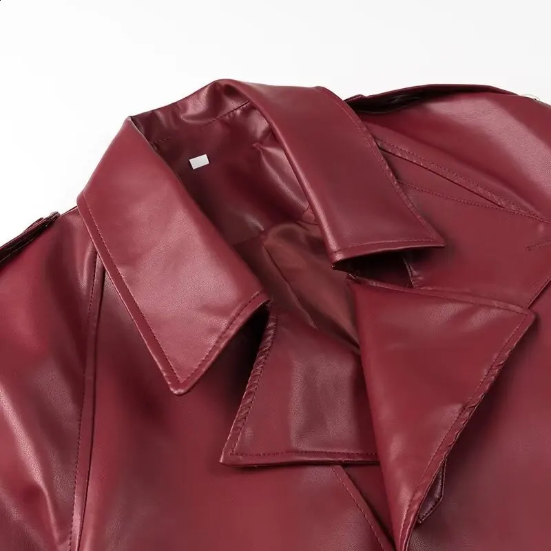 Suninhaart Winter Autumn Retro Artificial Leather Jacket Fashion Short Belt Bomber Jacket Womens Wine Street Jacket 240827