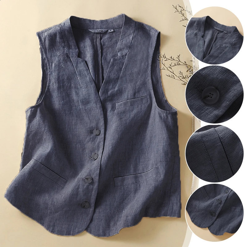 Womens summer cotton linen vest casual loose V-neck sleeveless jacket Korean fashion elegant casual vest top M-2XL 240828