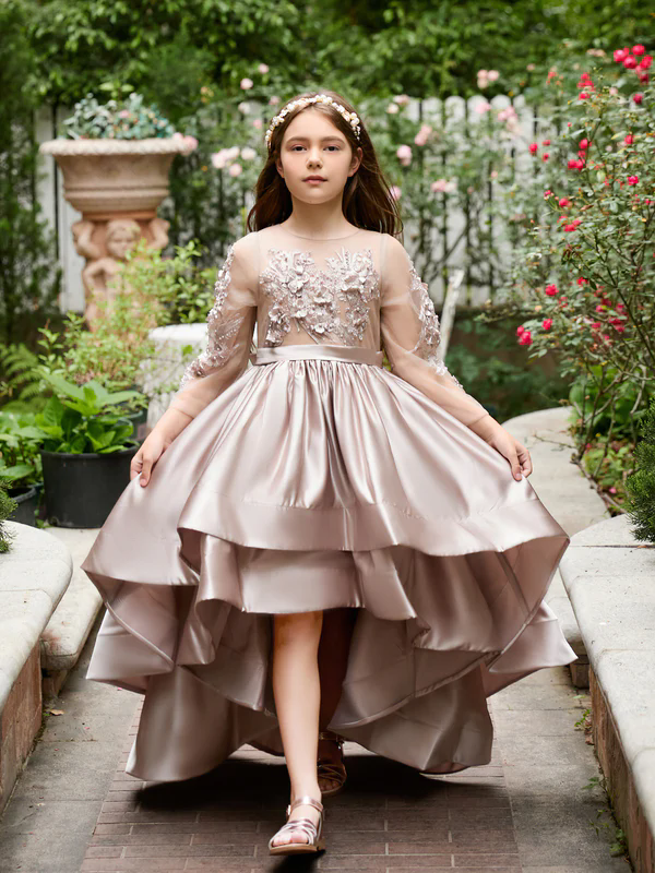 Champagne Wedding Flower Girl Dresses Long Sleeves Ball Gown Kids Birthday Party Gowns High Low Long Sleeves Formal Kid Dress